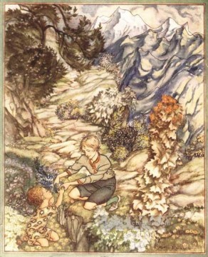 König des Goldenen Flusses Gave das Kind eine Flasche Illustrator Arthur Rackham Ölgemälde